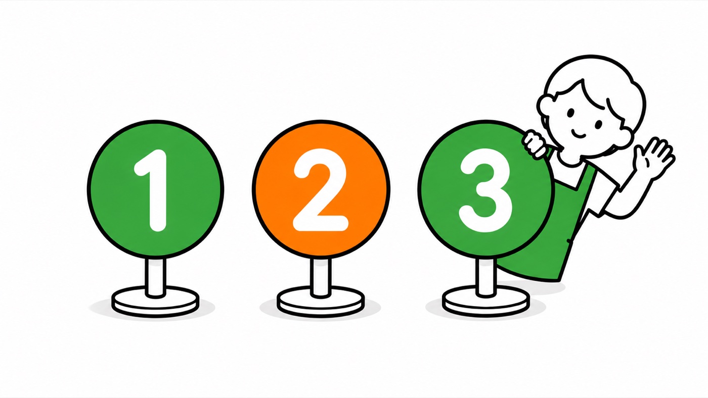 「1」「2」「3」と書かれた3枚の丸い立て札が並び、後ろから店主が顔を出して手を振っているイラスト