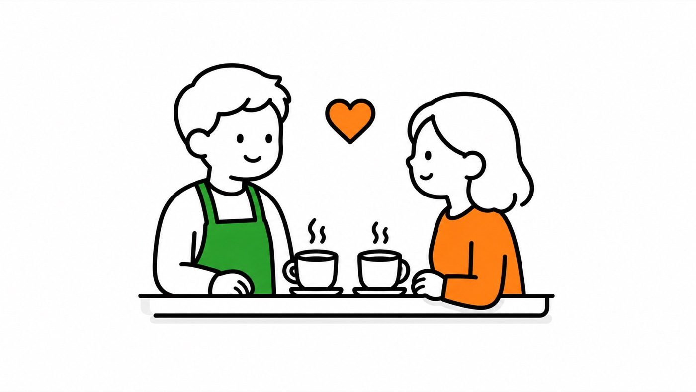 レジカウンター越しに店主と常連客の女性が笑顔で向かい合い、頭上にハートが浮かぶイラスト