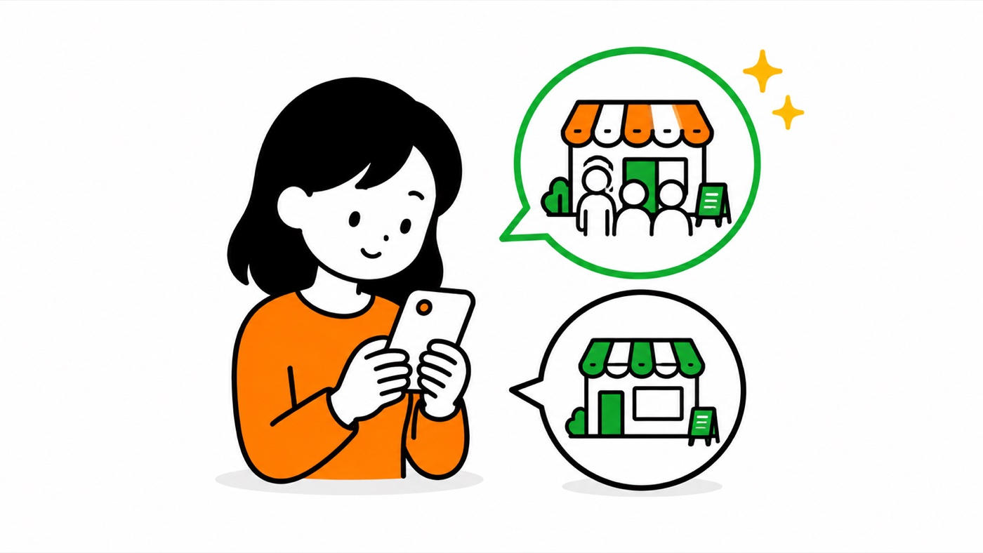 スマートフォンでお店を検索し、賑わう店と空いている店を見比べる女性のイラスト
