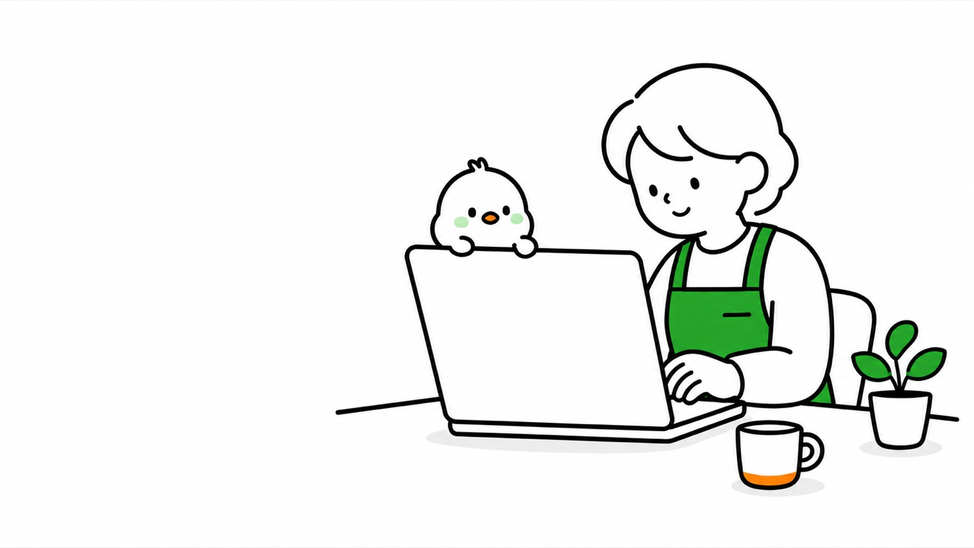 喫茶店の店主がノートパソコンで自店のホームページを楽しそうに更新しているイラスト