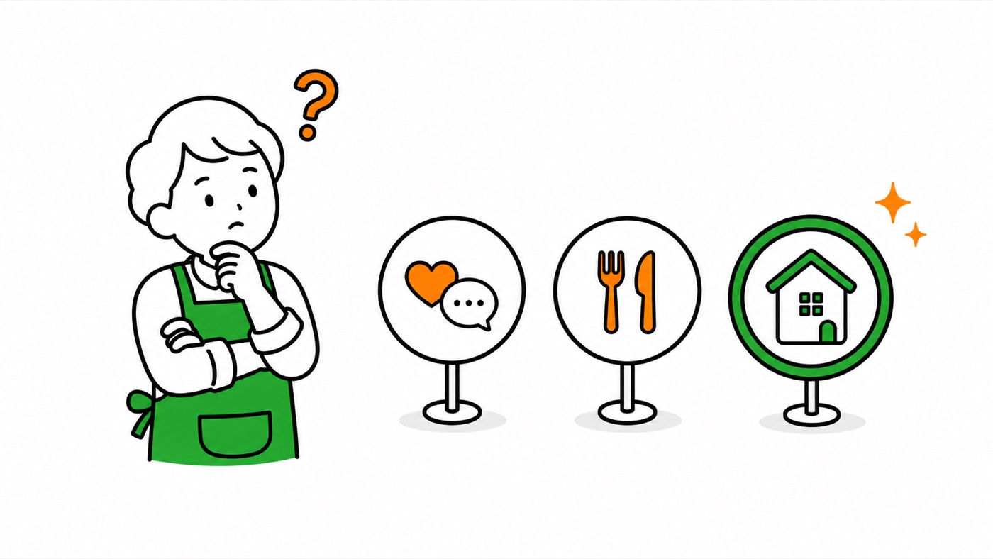 腕を組む店主の前に、SNS・グルメサイト・自社ホームページを表す3枚の看板が並ぶイラスト