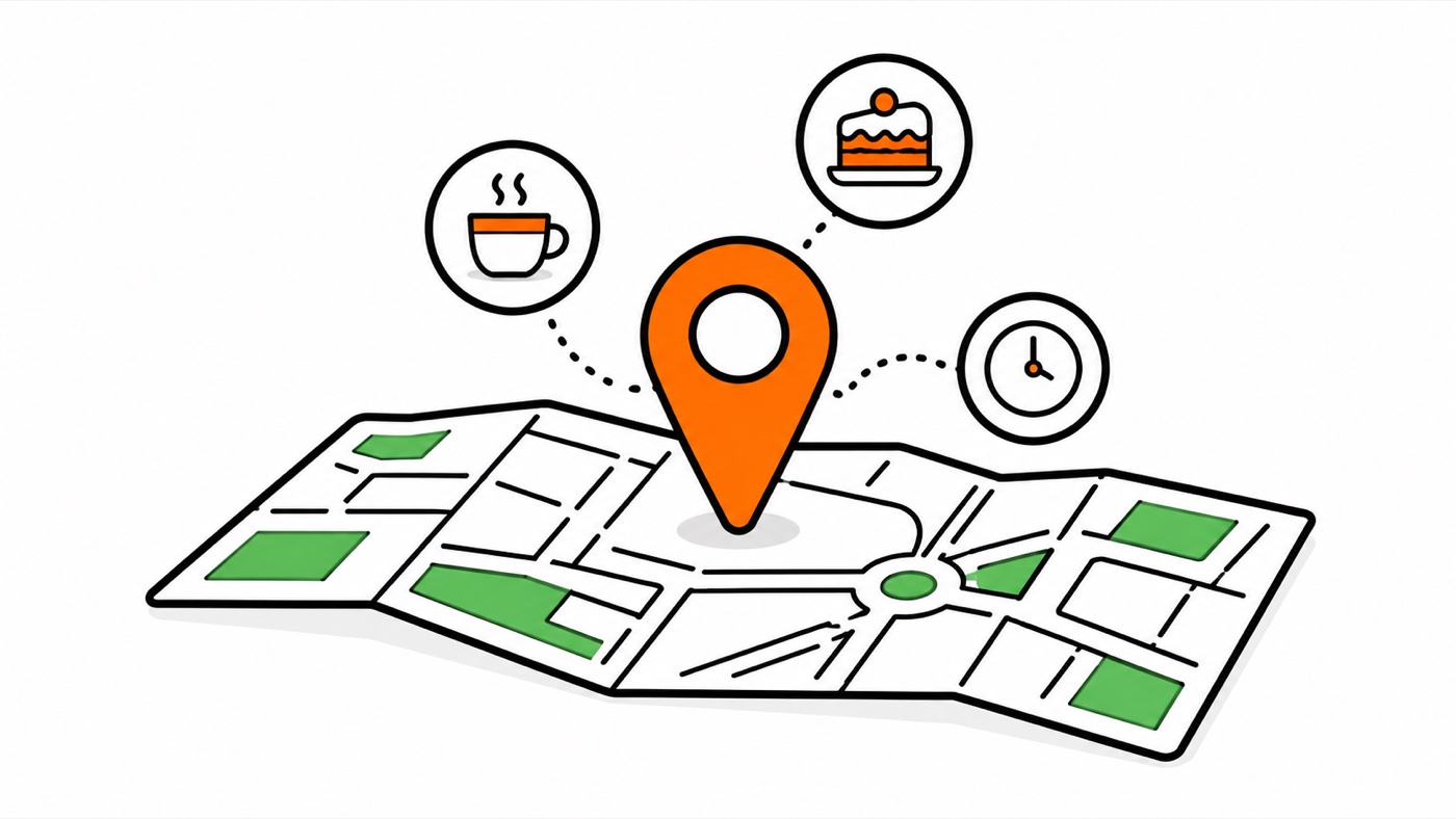 地図の上にオレンジのピンが立ち、コーヒーカップ・ケーキ・営業時間の時計アイコンが並ぶイラスト