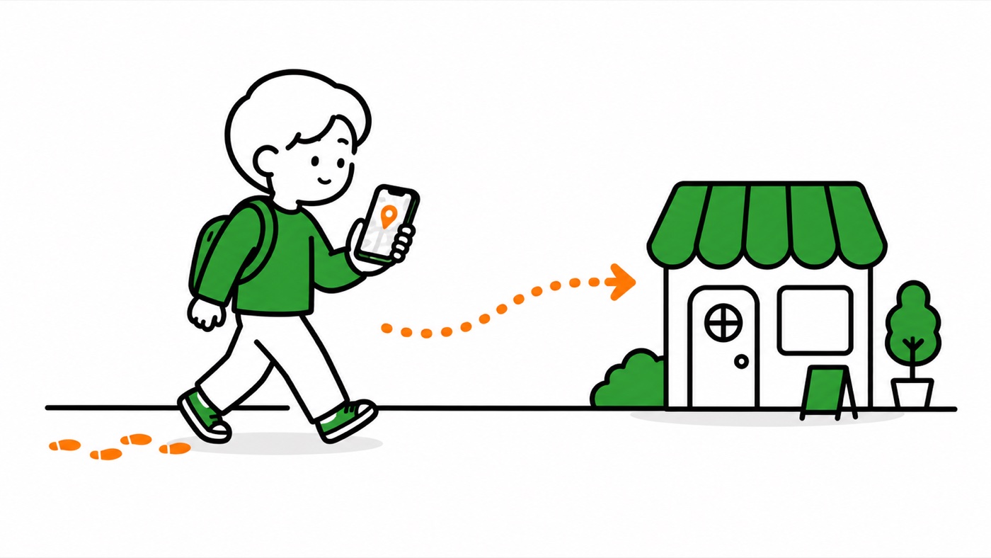 スマホの地図を見ながら歩く男性が、点線の矢印に導かれて喫茶店のドアへ向かうイラスト