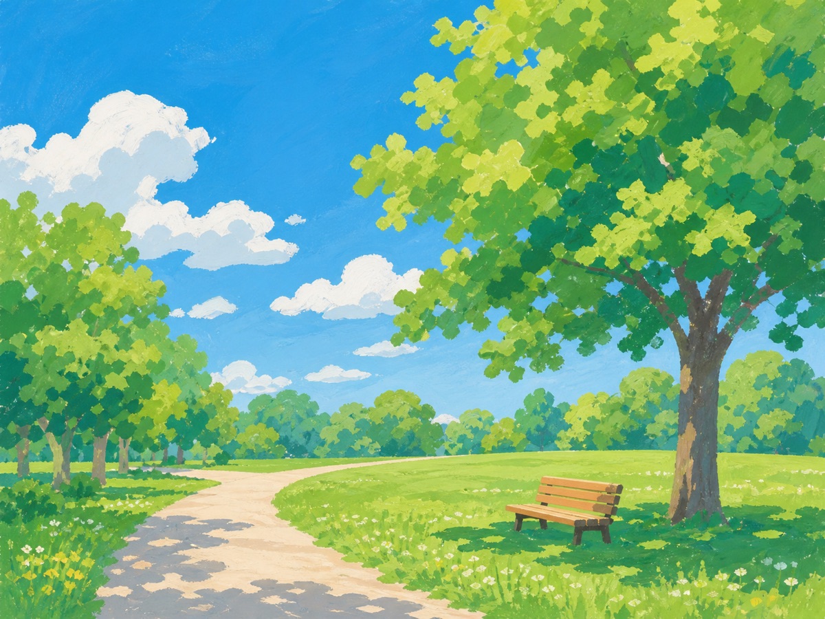 青空と緑の並木道のイラスト
