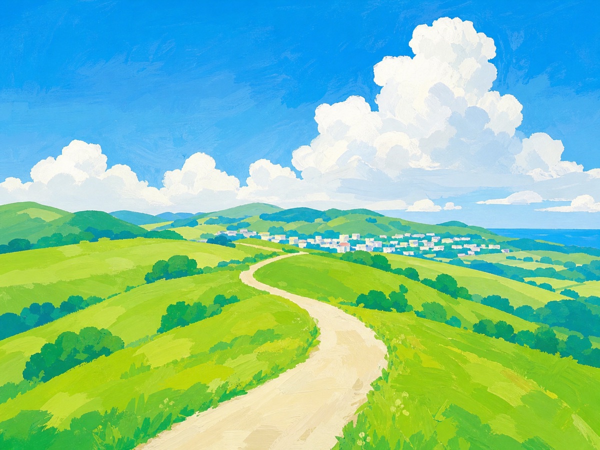 緑の丘陵を走る一本道の風景